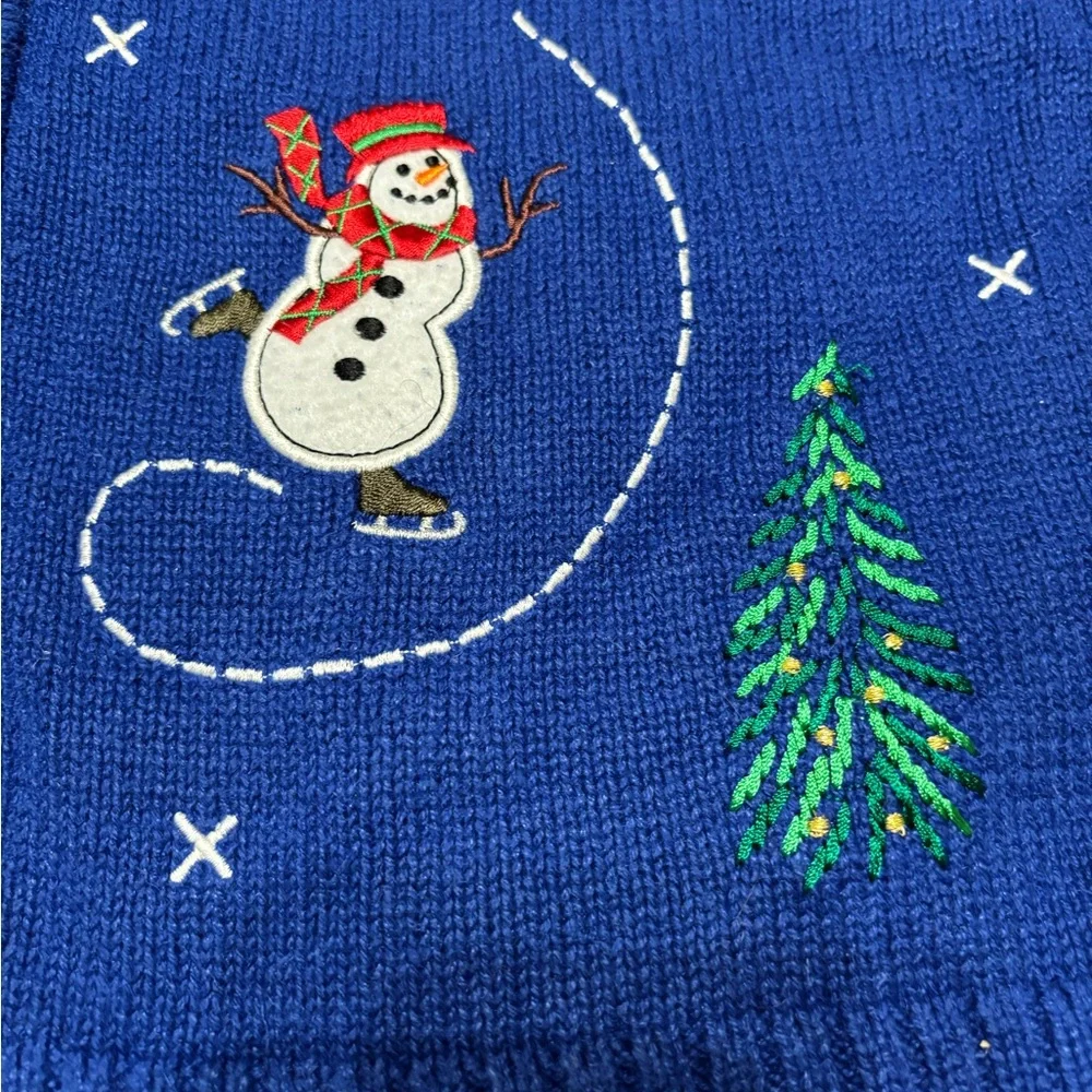 Vintage Crystal Kobe Blue Snowman Christmas Sweater Zip Holiday Cardigan Medium